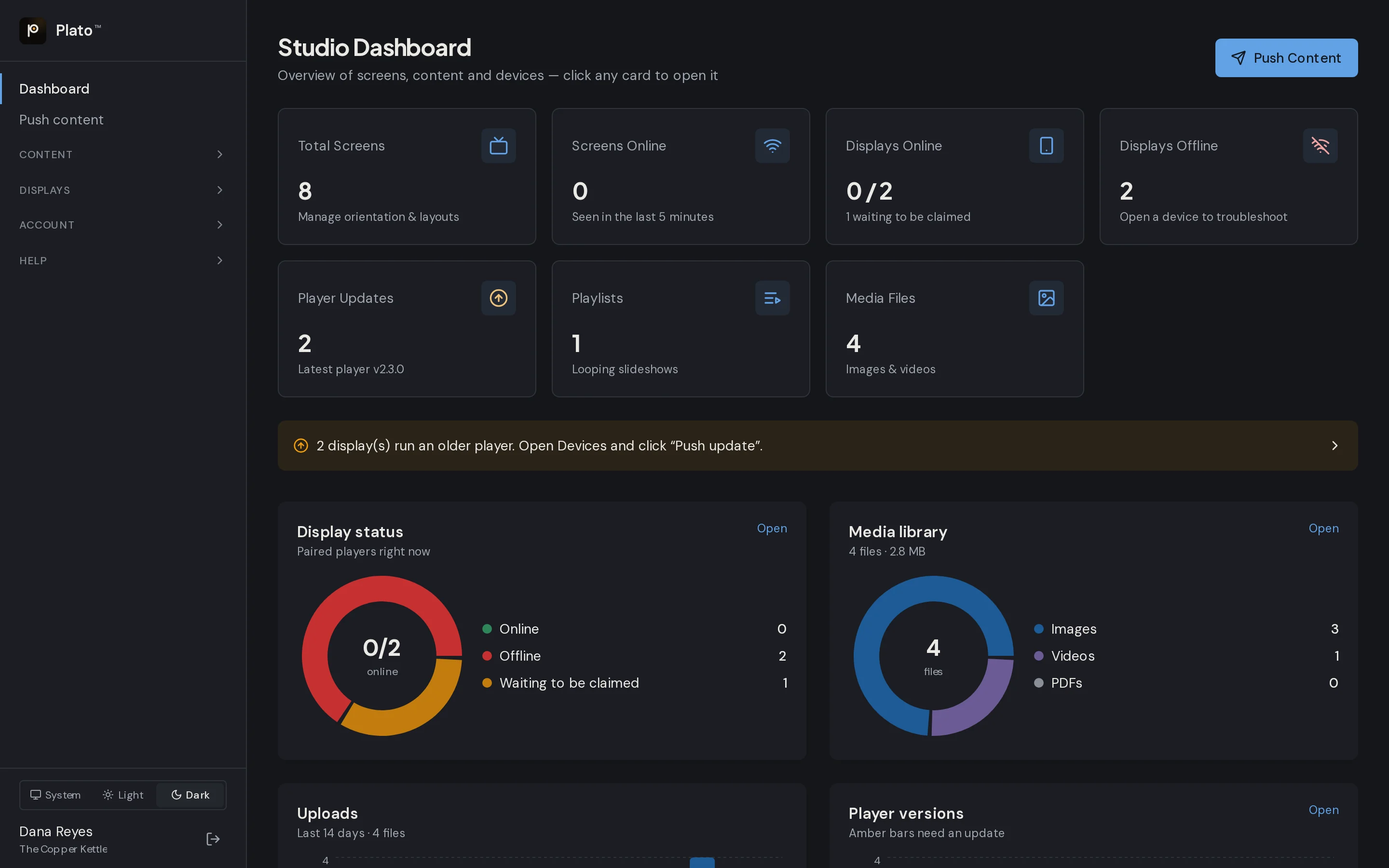 Plato dashboard in dark mode