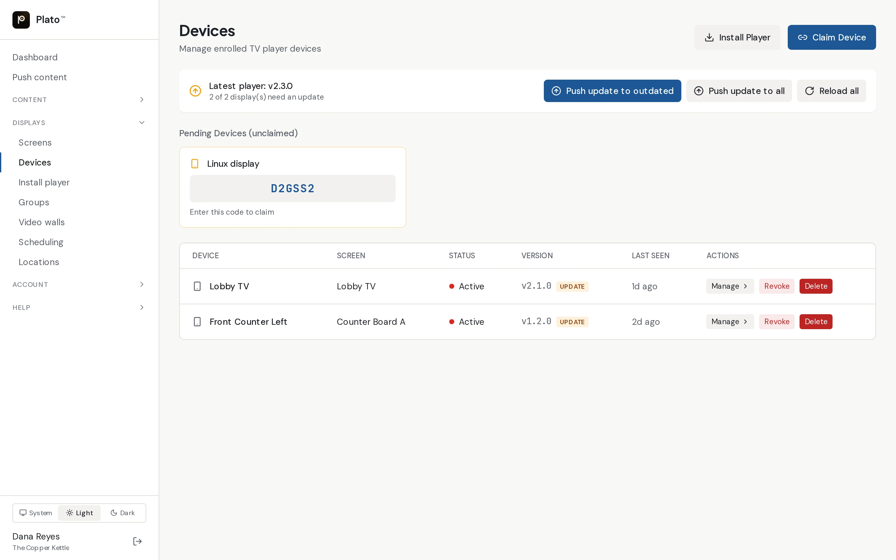 Devices list with status, version and actions