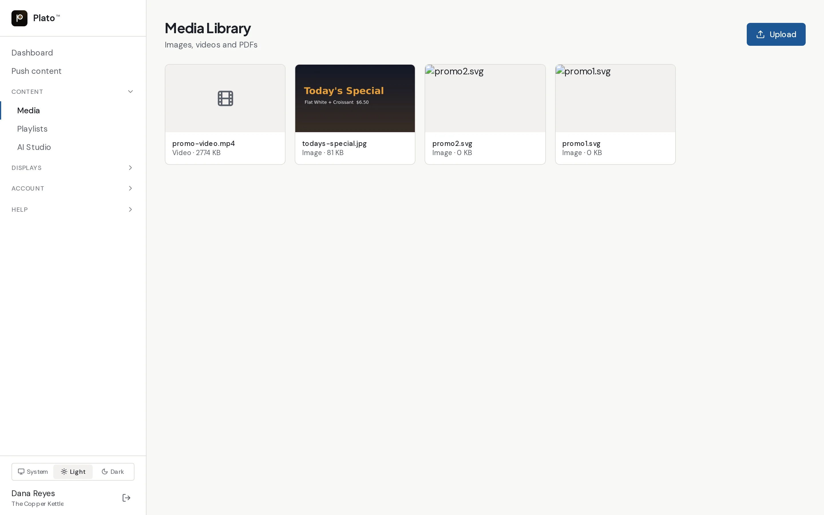 Media library with folders of images, videos and PDFs ready to push