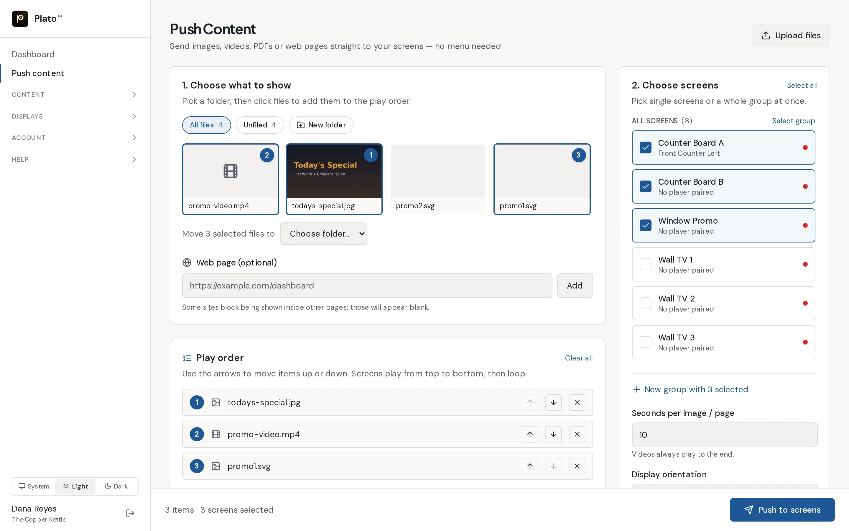 Plato Push content page with three files in the play order and three screens selected