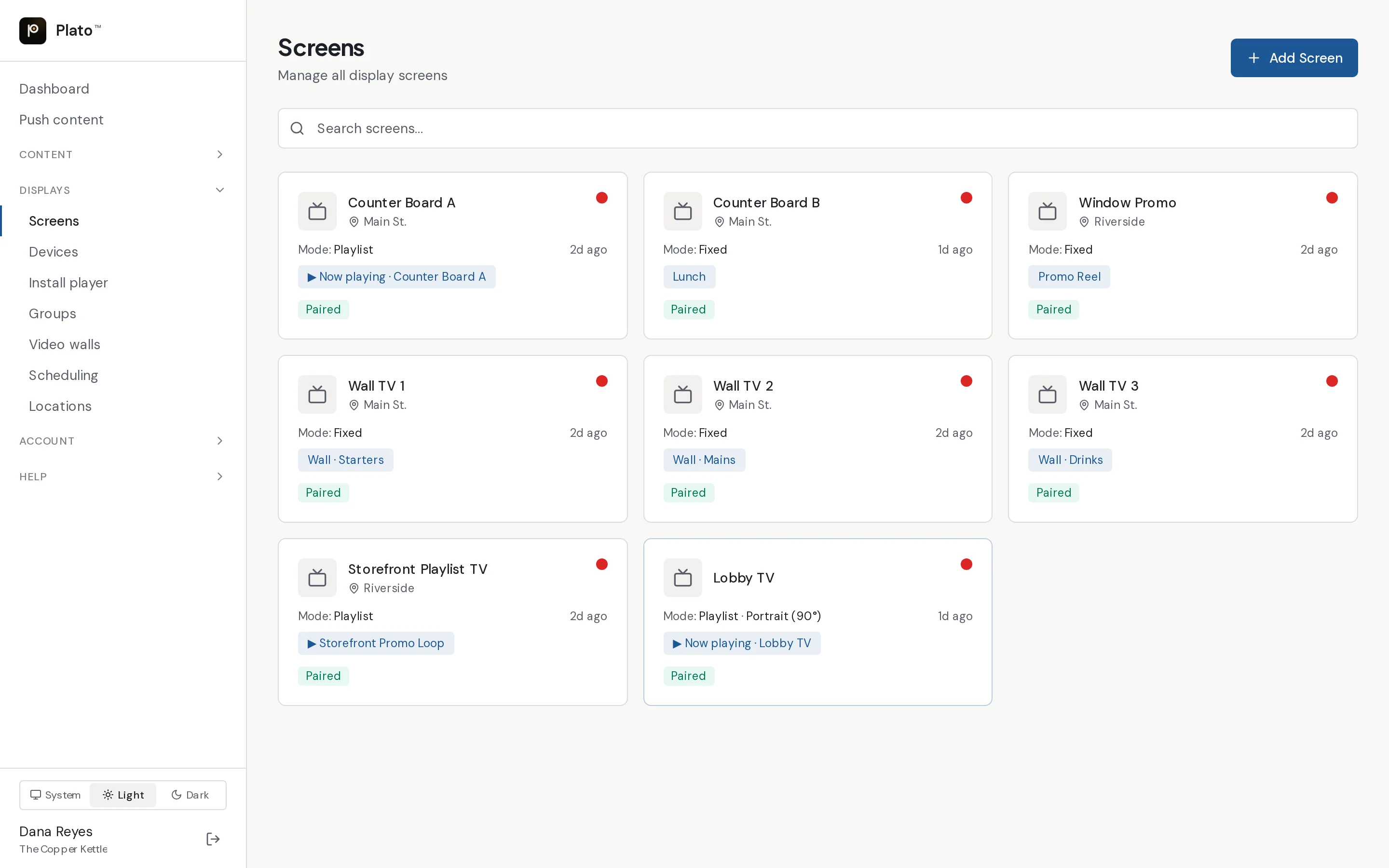 Screens overview with locations, modes and what each screen is playing